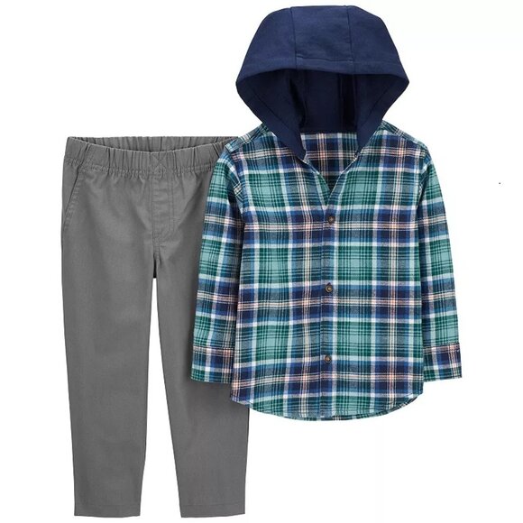 Carter's Toddler Boy Plaid Hooded Button Front Shirt and Pants 2-Piece Set Sz 5T - Picture 1 of 4